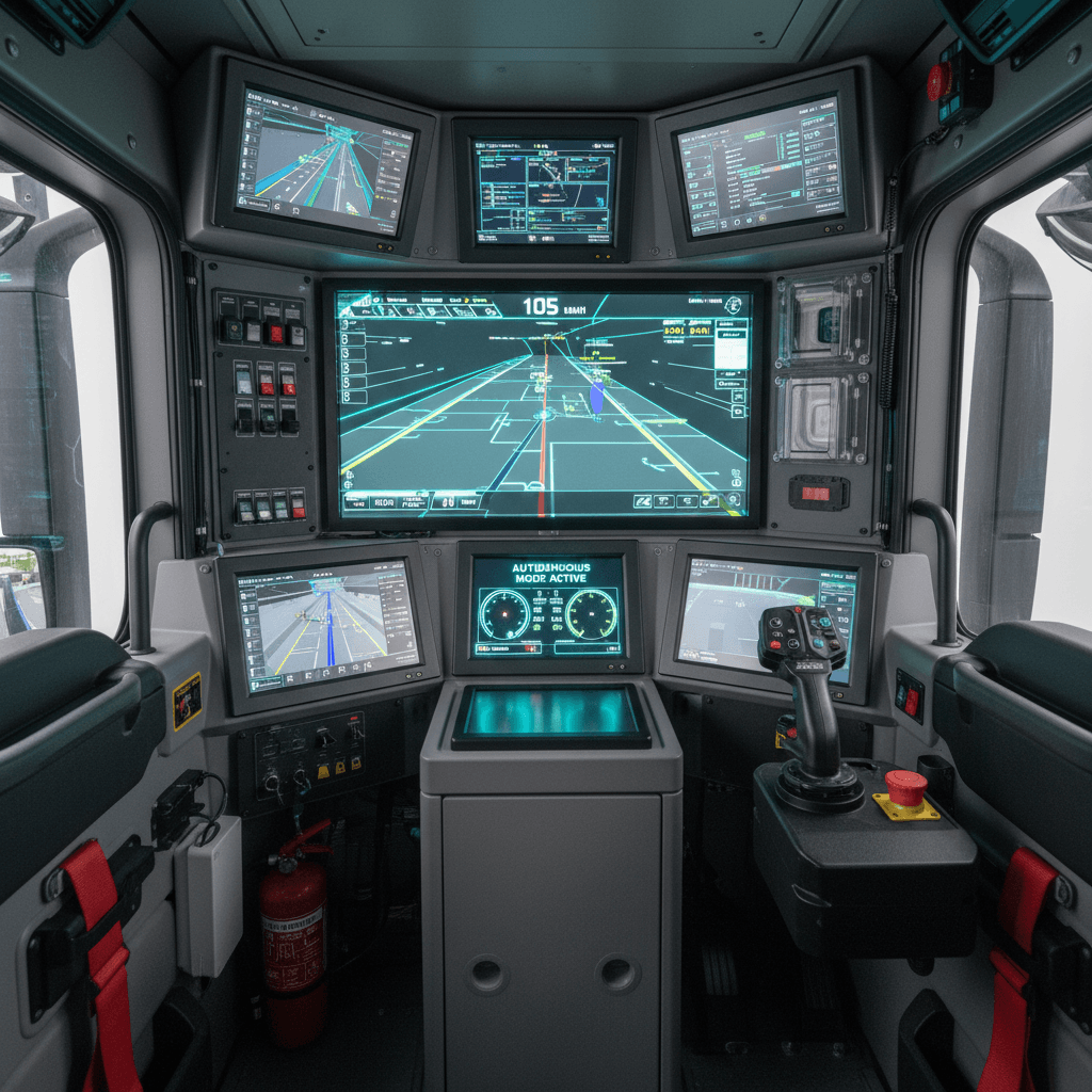 Autonomous truck cab showing onboard control and navigation systems