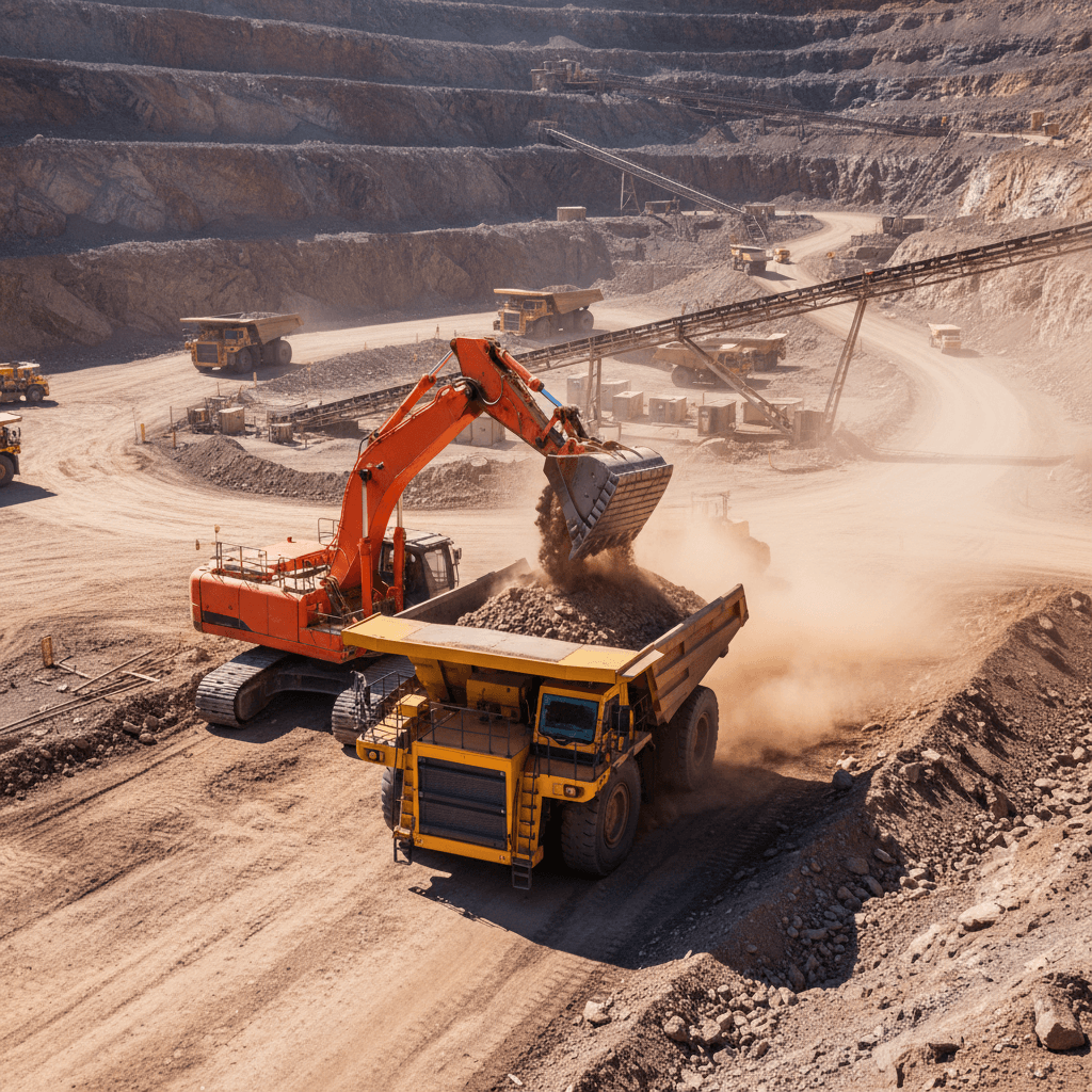 Autonomous truck receiving payload from bucket loader at mine