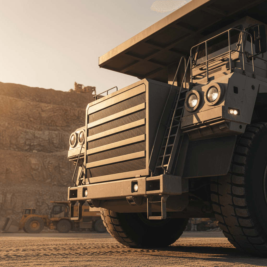 Close-up of autonomous haul truck front end at quarry site