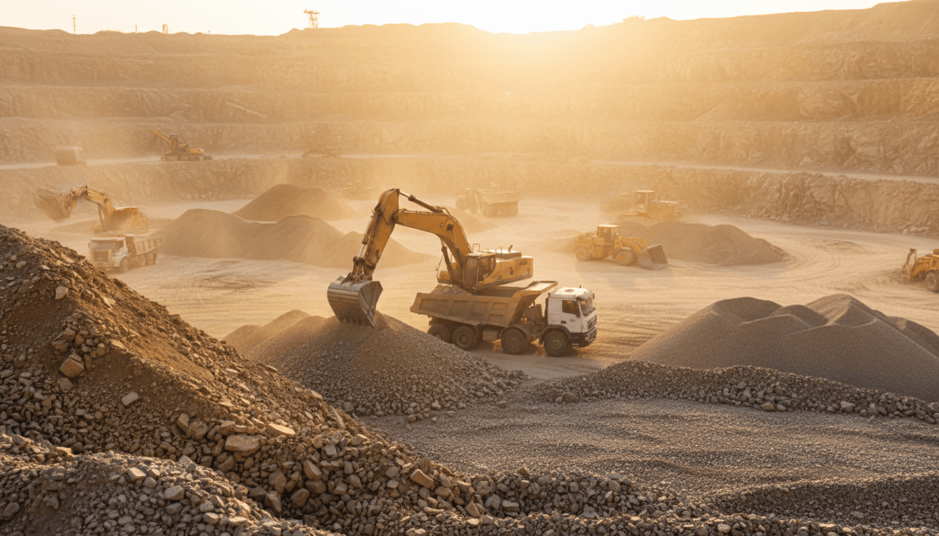 Autonomous haul truck dumping material at quarry